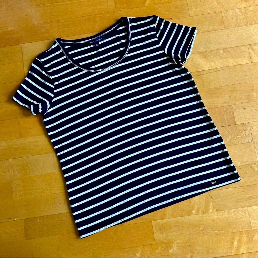 Tommy Hilfiger Striped Scoop Embellished Neck T-Shirt, Navy, White, Size L
